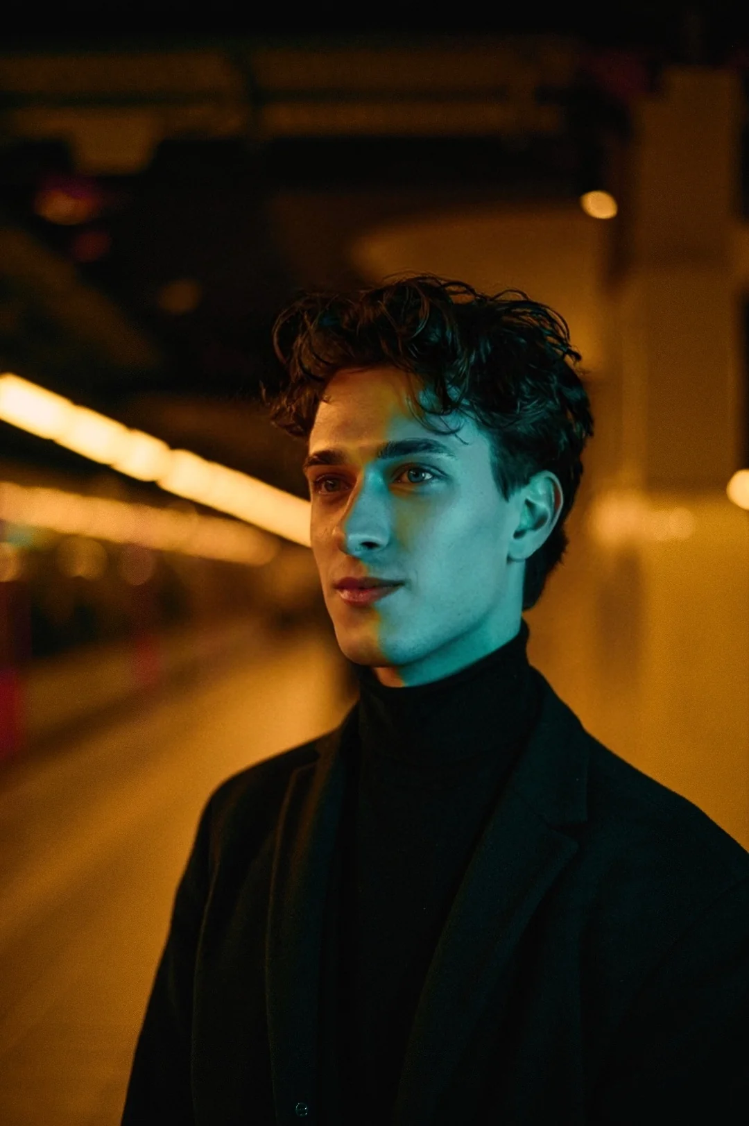 Jules Sauvage, escort gay haut de gamme Paris — portrait éditorial en station de métro, col roulé noir sous lumière chromatique cyan et orange
